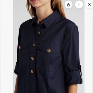 NWT Veronica Beard Saude Navy Cargo Shirt dress with Gold Accents